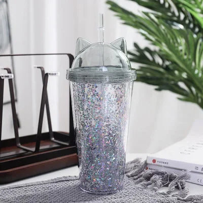 Cat Ear Water Bottle for Girls with Sequins