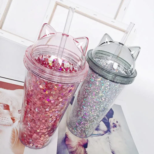 Cat Ear Water Bottle for Girls with Sequins