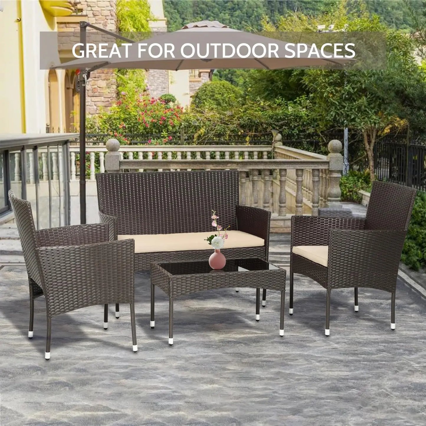 4 Pieces Outdoor Rattan Chair Wicker Sofa