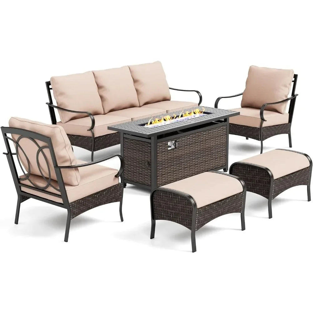 6 Pieces Outdoor Patio Furniture Set with Fire Pit Table,