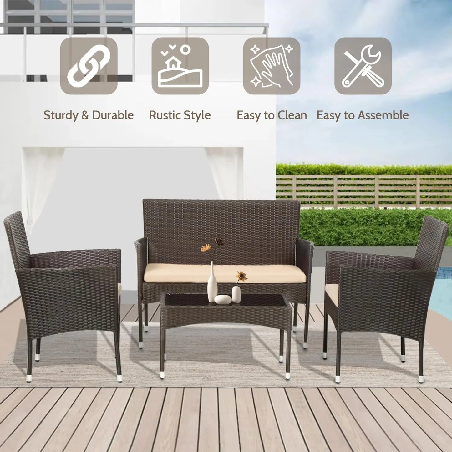 4 Pieces Outdoor Rattan Chair Wicker Sofa