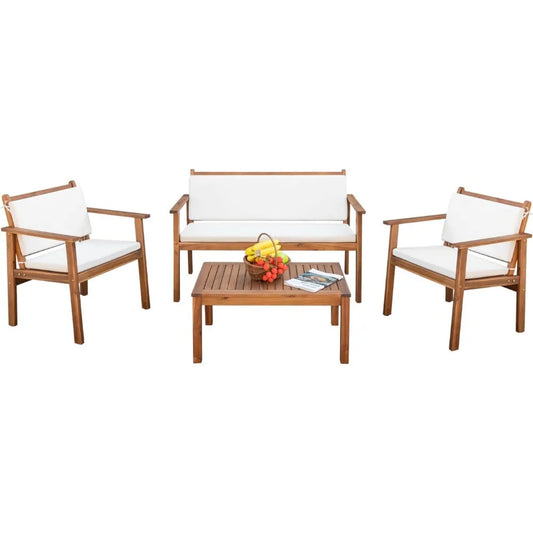 Patio Furniture 4 Piece Acacia Wood Outdoor   Sofa Set with Table