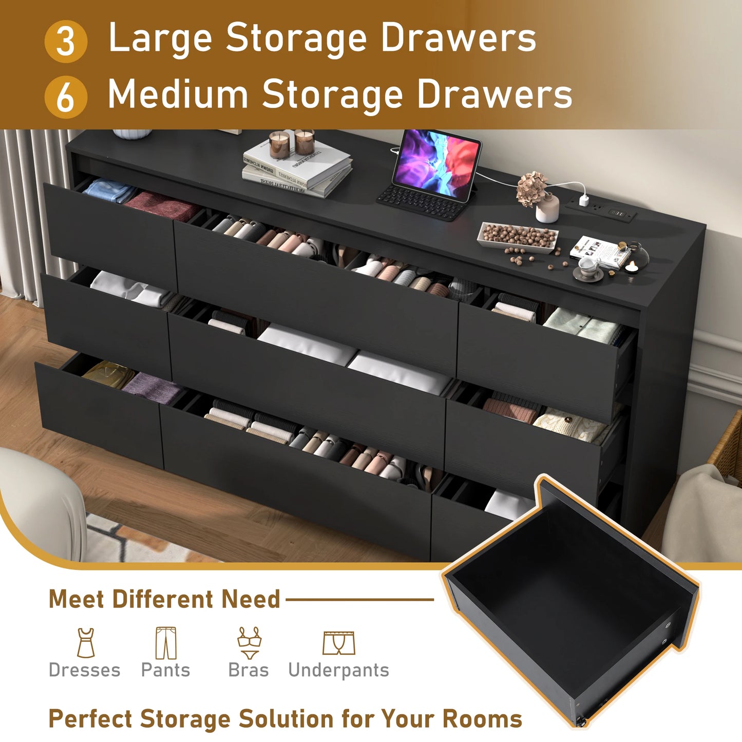 9 Drawer Dresser for Bedroom with Charging Station,