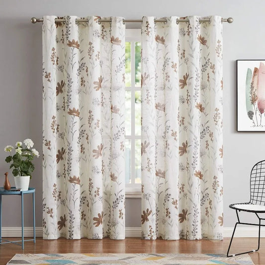 Printed Sheer Curtains Linen Textured for Living Room