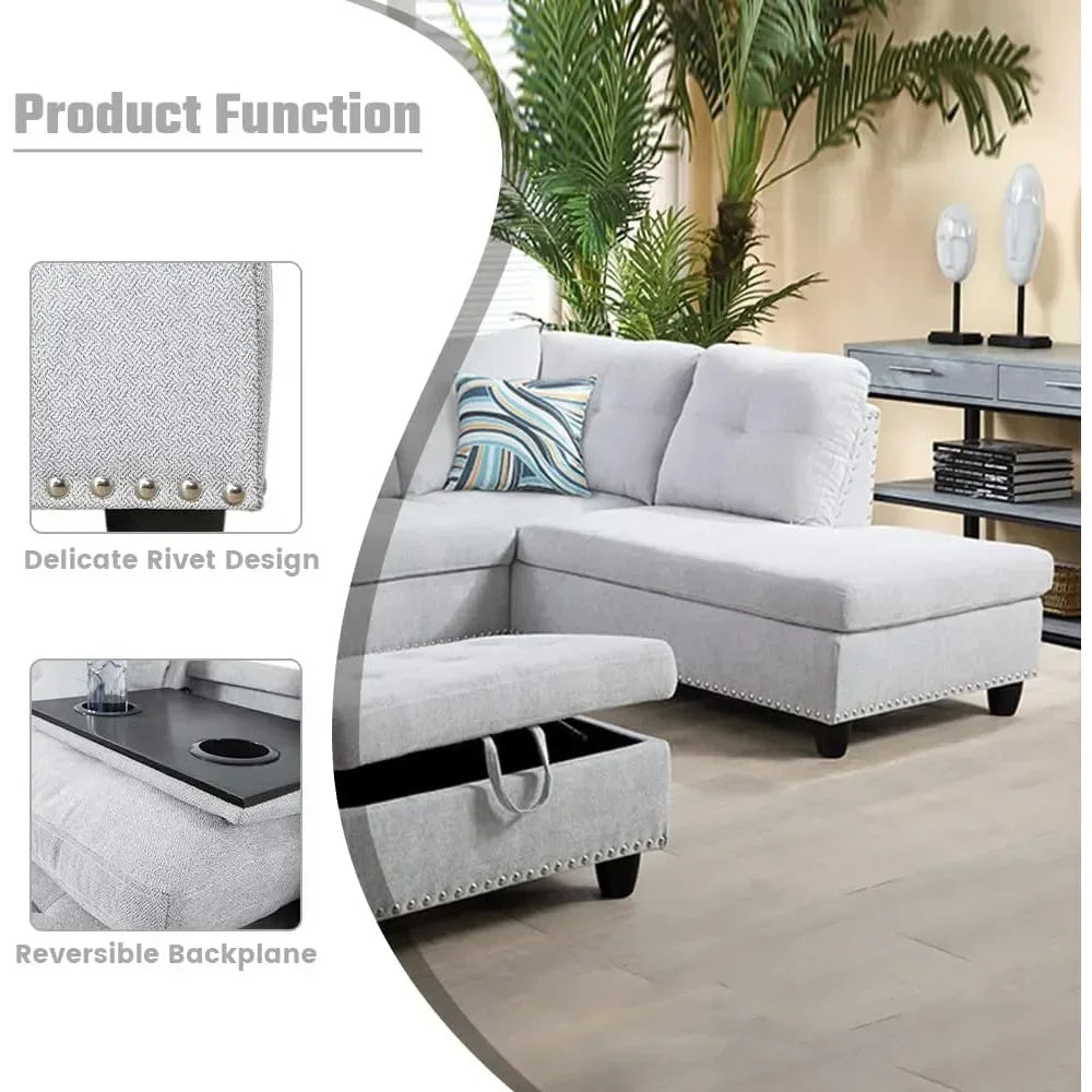 Lounge Sofa with Reversible Cup Holder & Chaise,