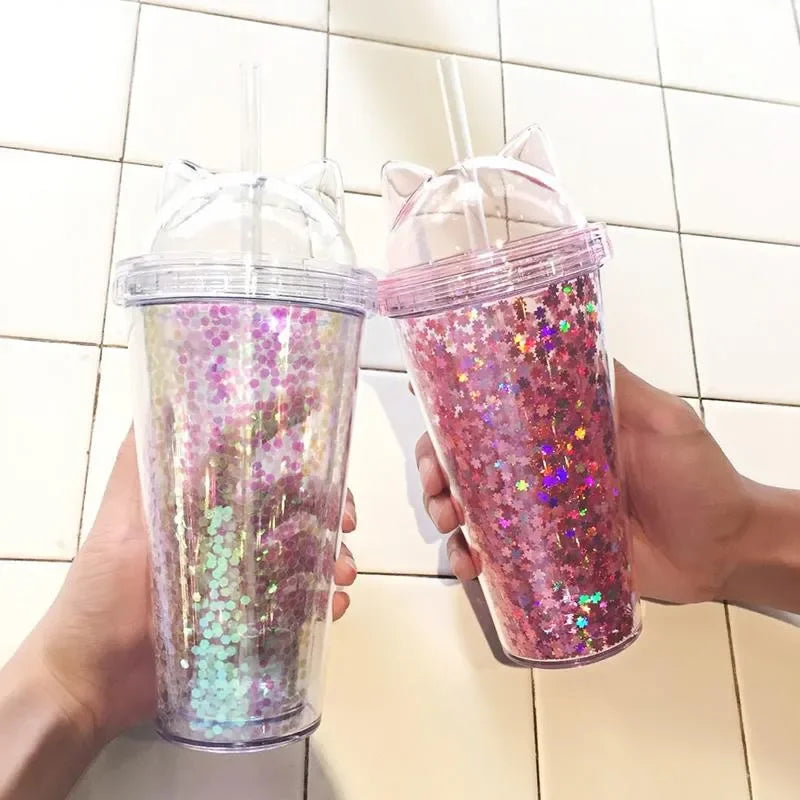 Cat Ear Water Bottle for Girls with Sequins