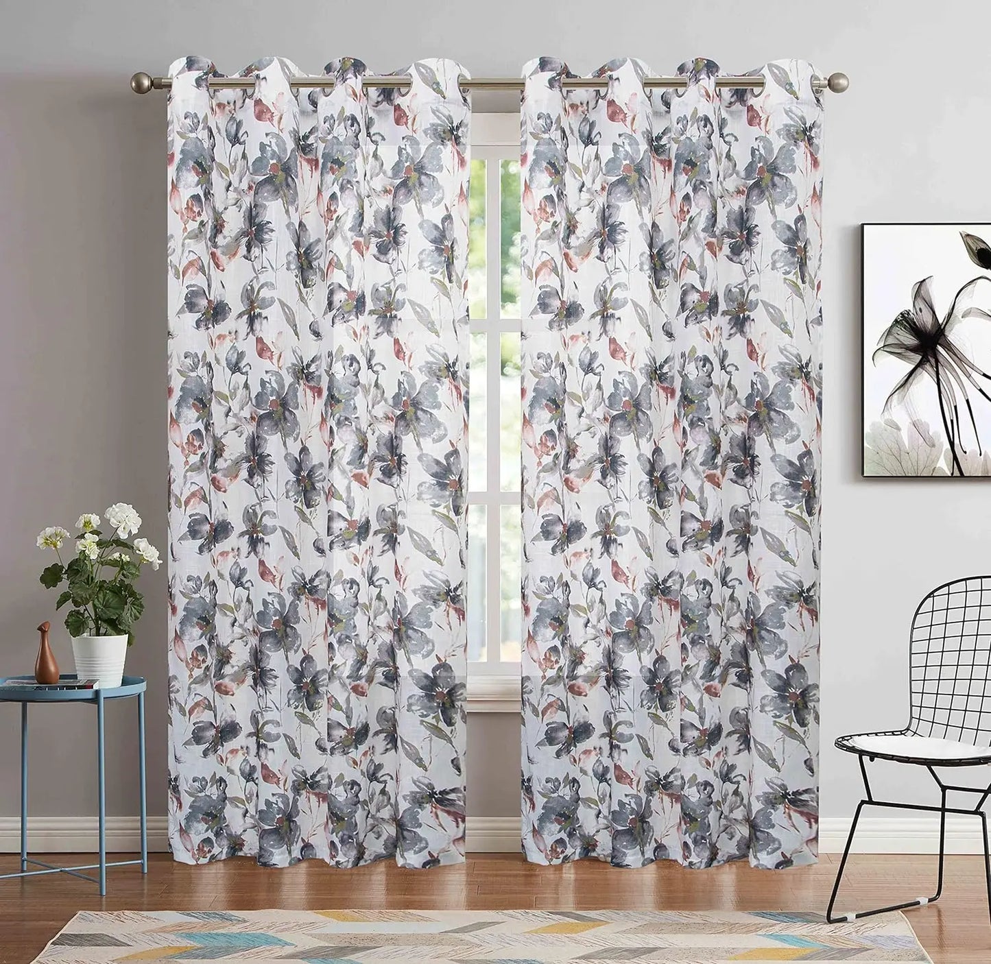 Printed Sheer Curtains Linen Textured for Living Room