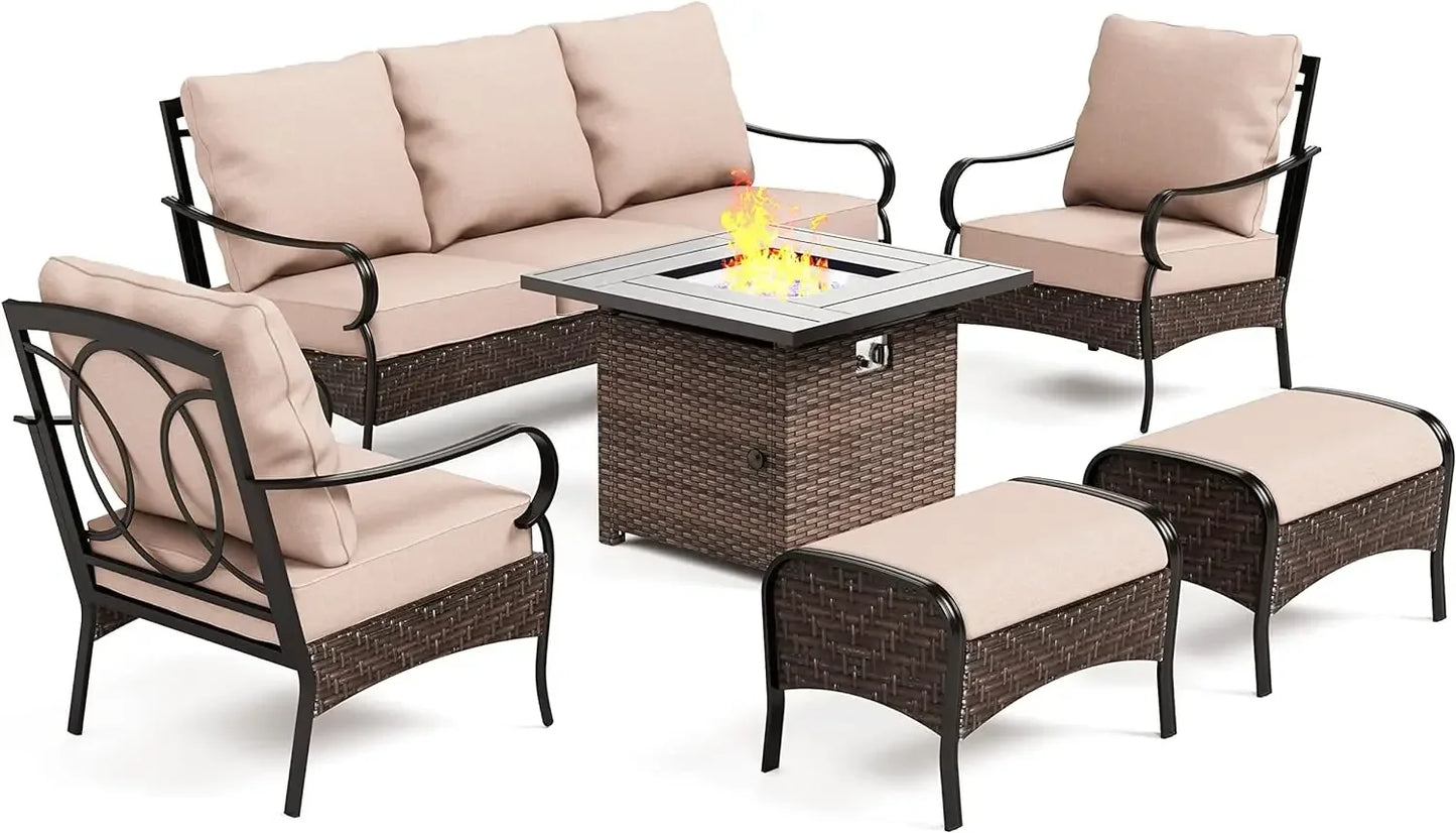 6 Pieces Outdoor Patio Furniture Set with Fire Pit Table,