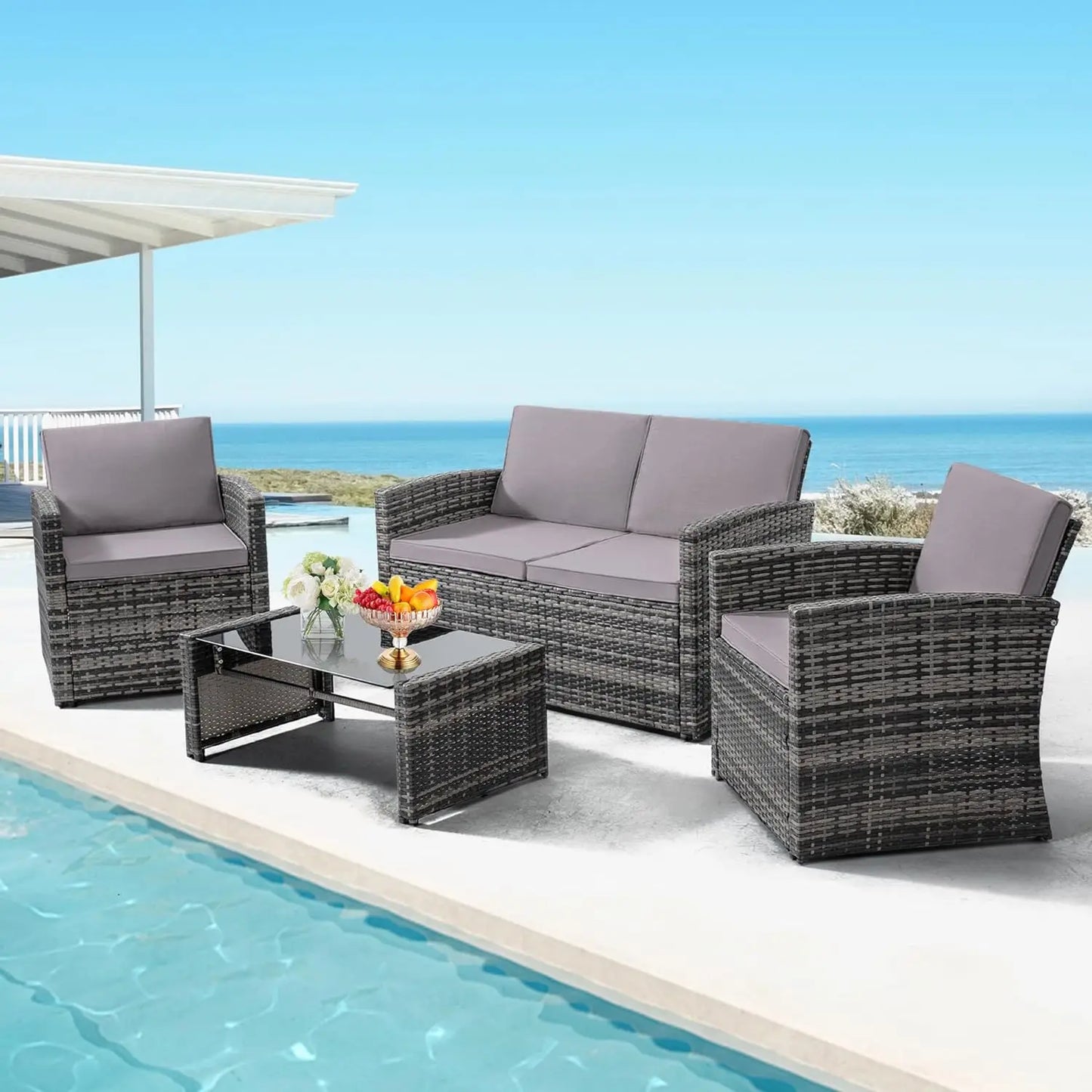 Outside Rattan Sectional Sofa Cushioned Furniture Set