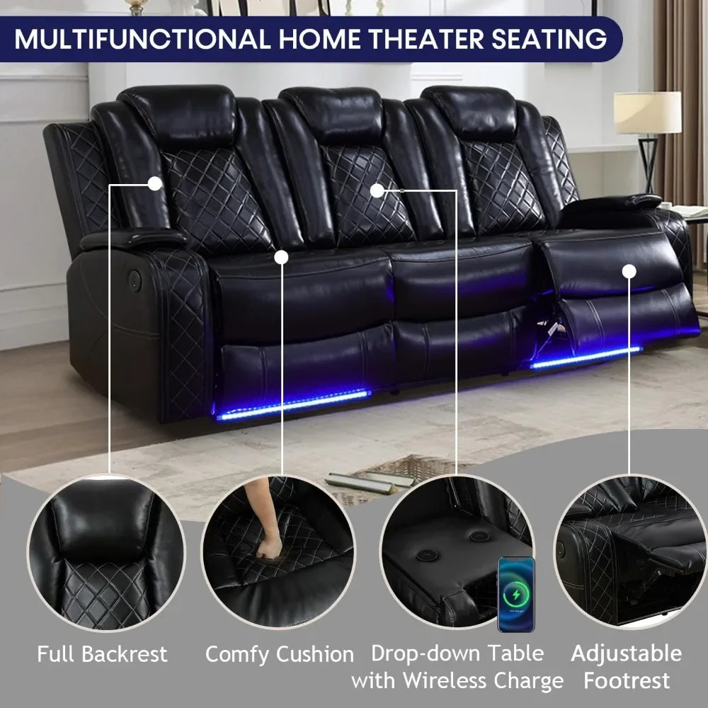 Recliner Sofa Set with LED Lights,Leather Living Room Furniture Set with USB Port/Storage Console/Cup Holders,Reclining Sofa Set