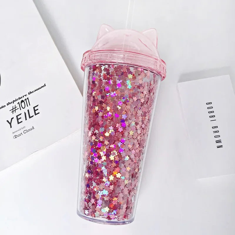 Cat Ear Water Bottle for Girls with Sequins