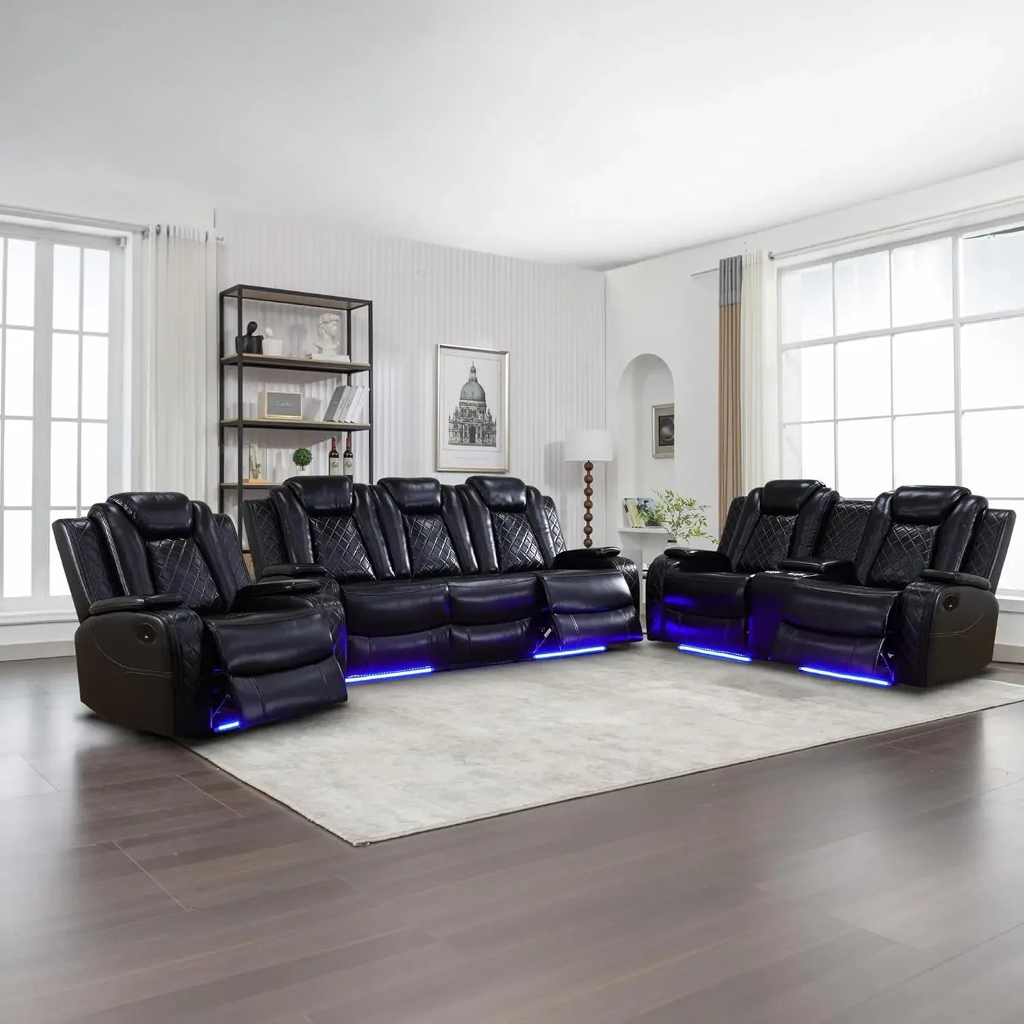 Recliner Sofa Set with LED Lights,Leather Living Room Furniture Set with USB Port/Storage Console/Cup Holders,Reclining Sofa Set