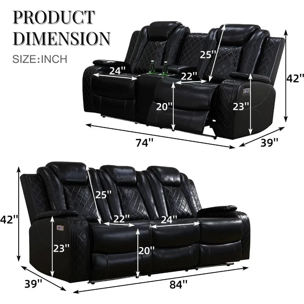 Recliner Sofa Set with LED Lights,Leather Living Room Furniture Set with USB Port/Storage Console/Cup Holders,Reclining Sofa Set