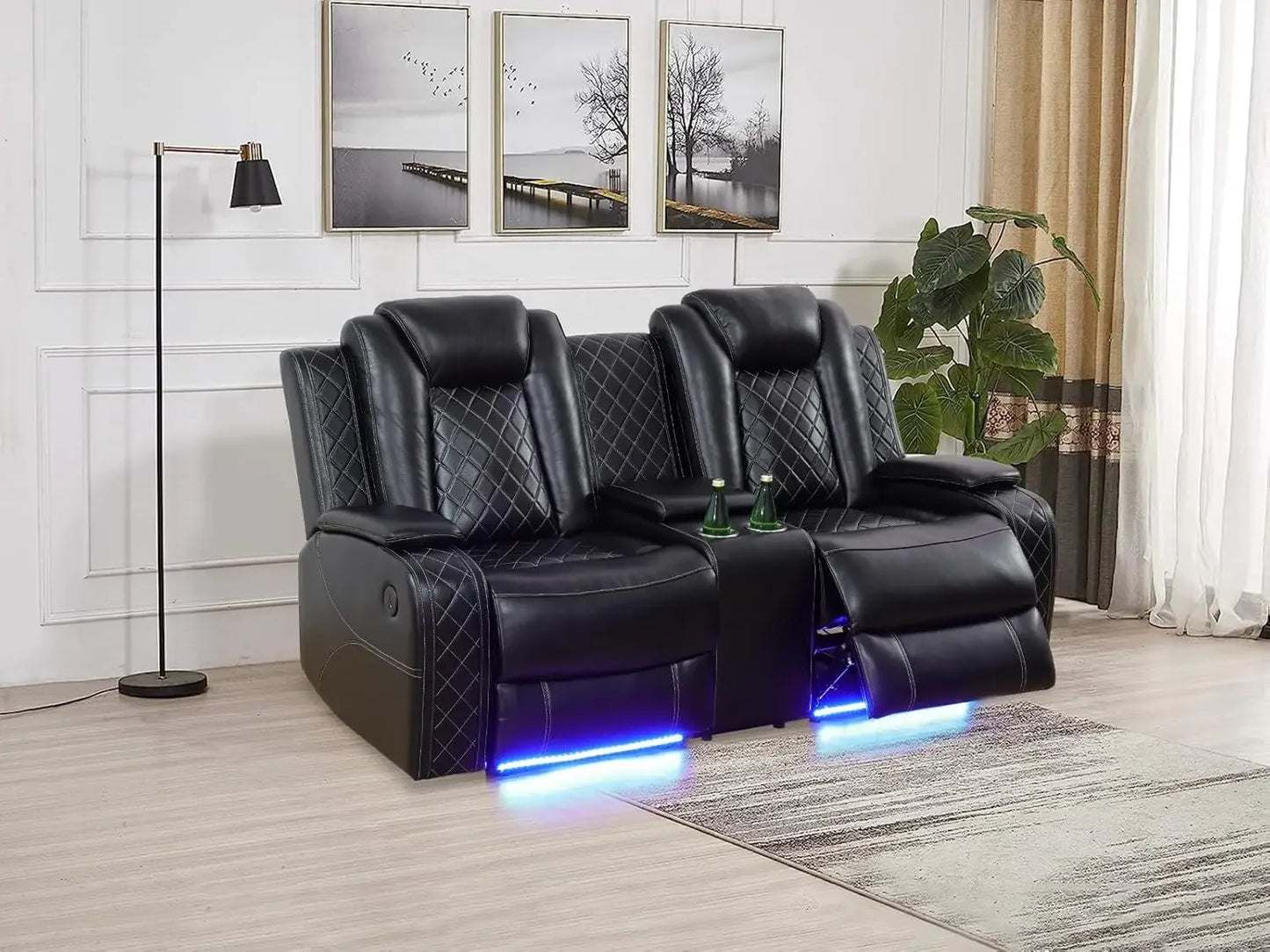 Recliner Sofa Set with LED Lights,Leather Living Room Furniture Set with USB Port/Storage Console/Cup Holders,Reclining Sofa Set