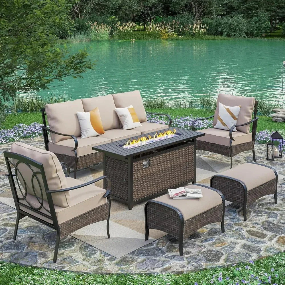 6 Pieces Outdoor Patio Furniture Set with Fire Pit Table,