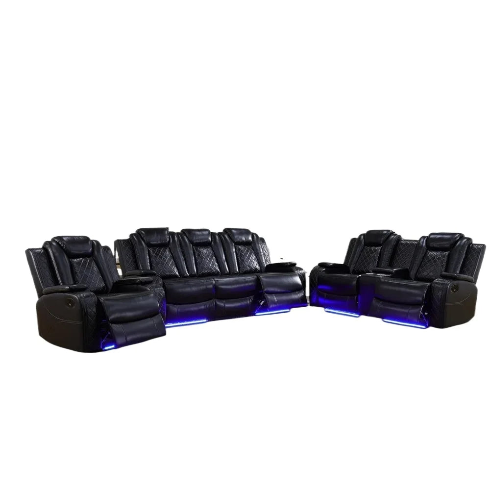 Recliner Sofa Set with LED Lights,Leather Living Room Furniture Set with USB Port/Storage Console/Cup Holders,Reclining Sofa Set