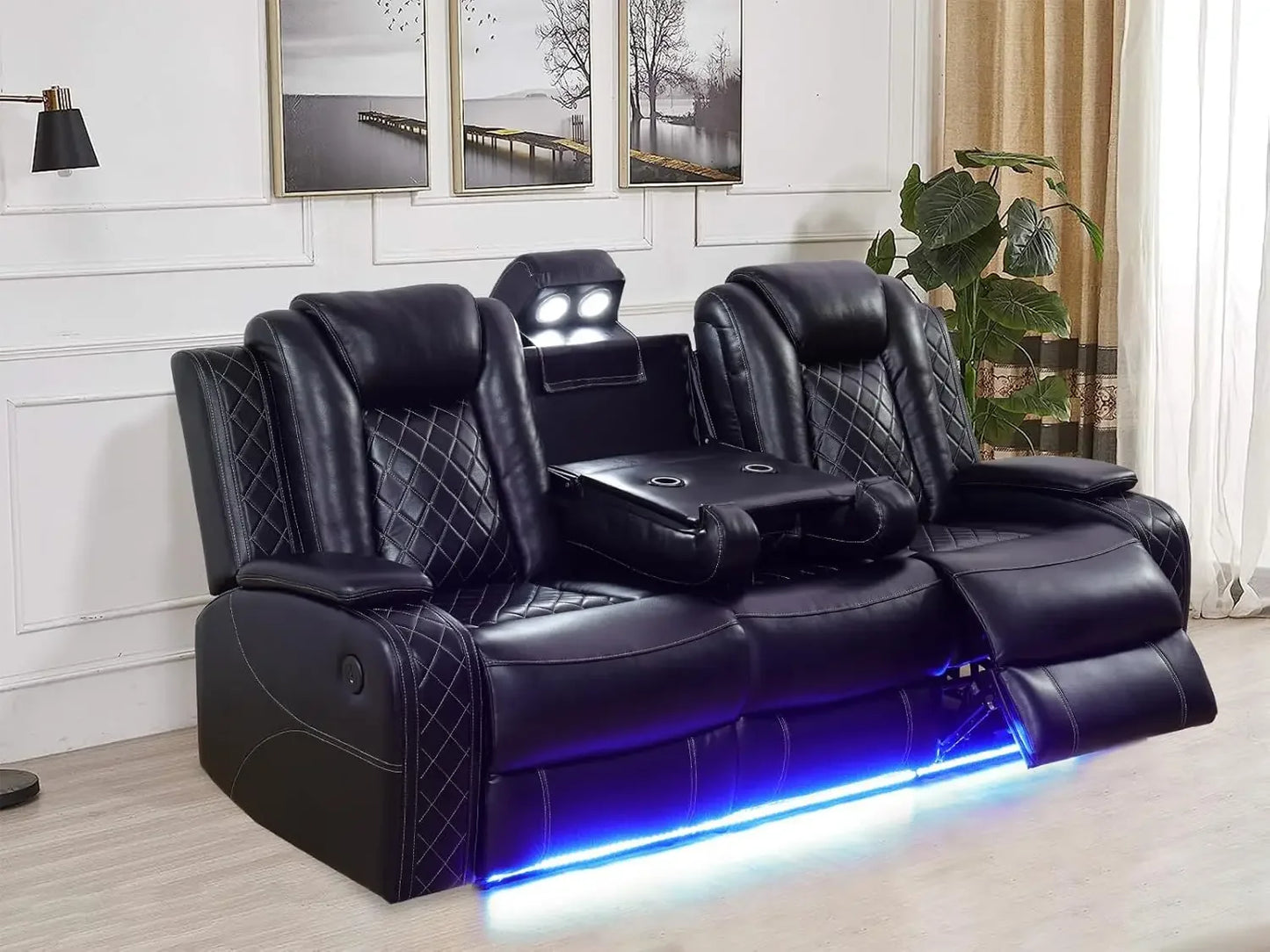 Recliner Sofa Set with LED Lights,Leather Living Room Furniture Set with USB Port/Storage Console/Cup Holders,Reclining Sofa Set