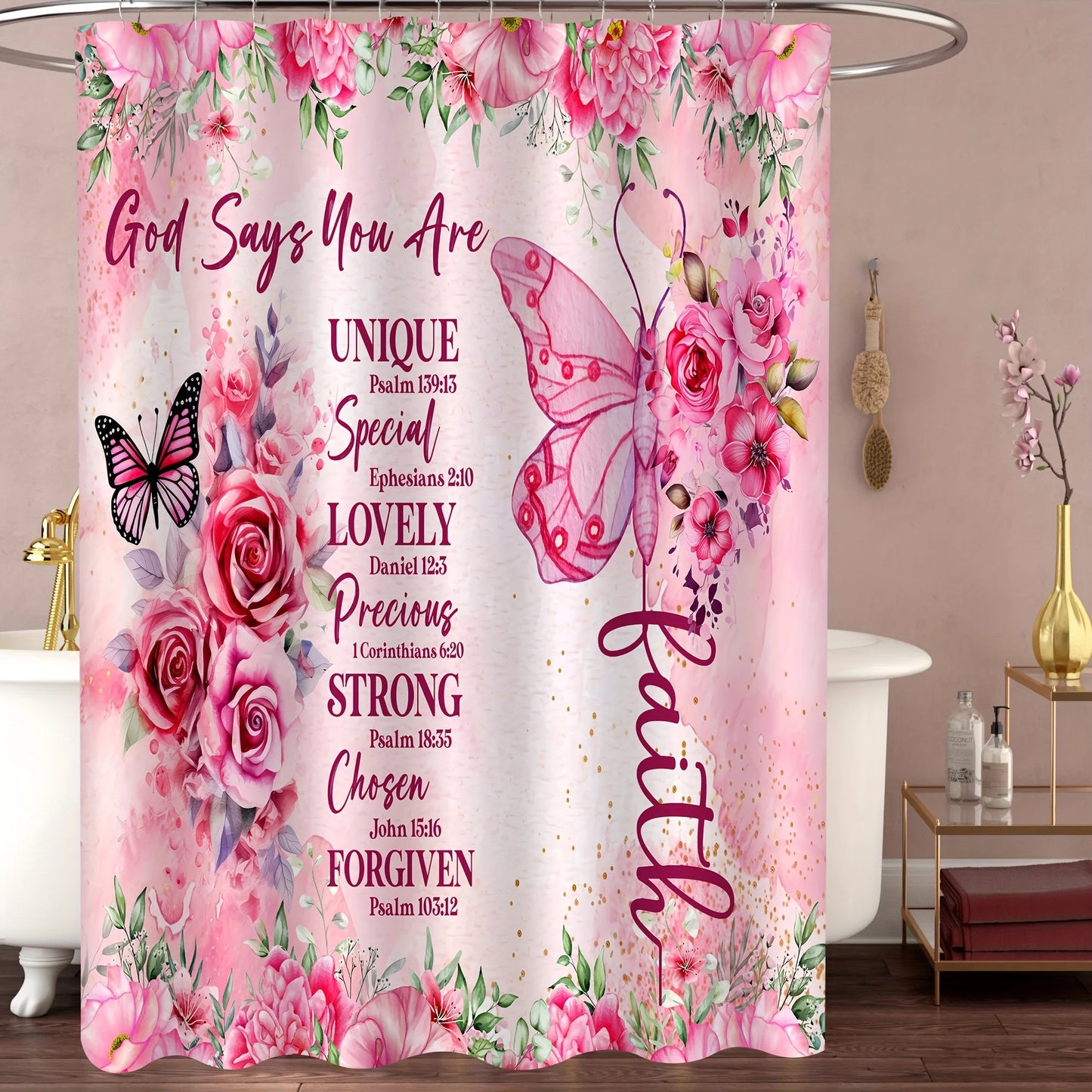 Pink Floral Butterflies Shower Curtain Set -