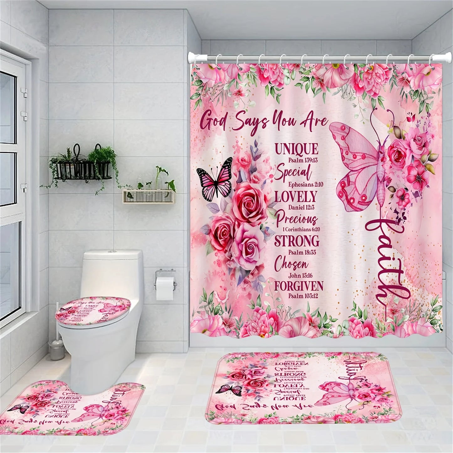 Pink Floral Butterflies Shower Curtain Set -