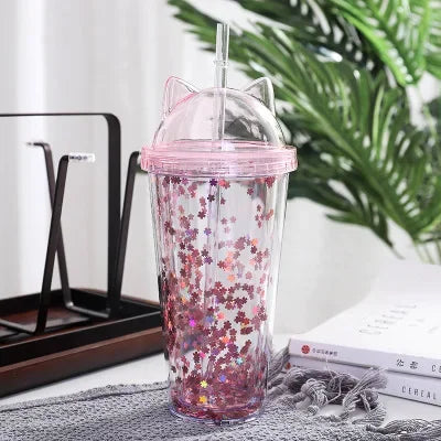 Cat Ear Water Bottle for Girls with Sequins