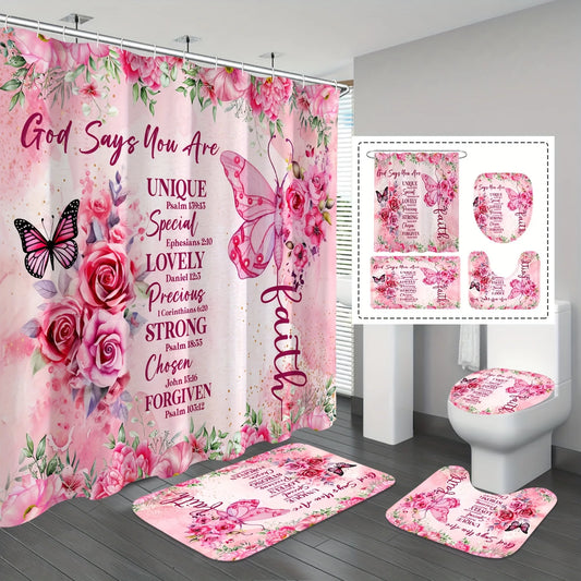 Pink Floral Butterflies Shower Curtain Set -