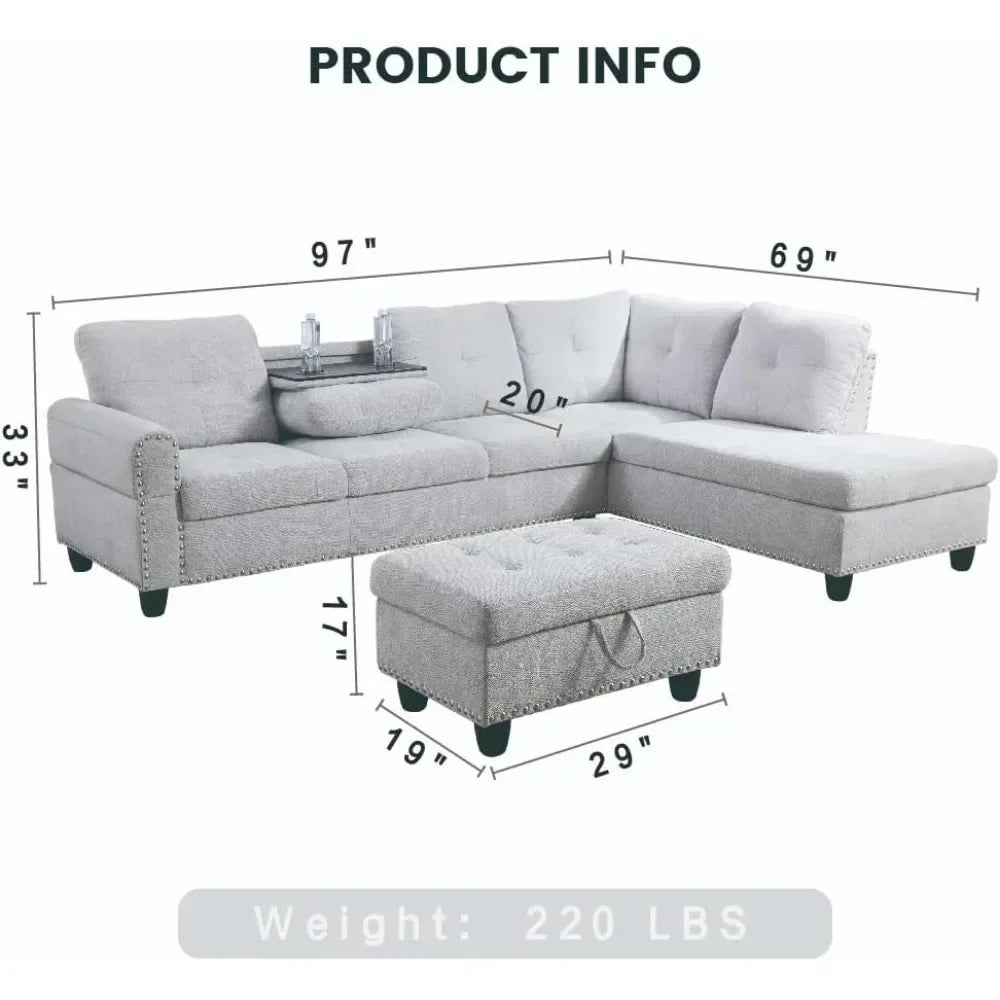 Lounge Sofa with Reversible Cup Holder & Chaise,