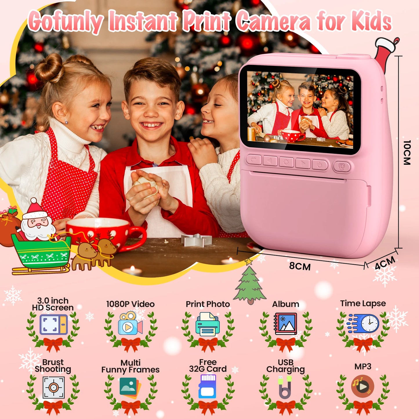 Instant Print Camera for Kids, 3.0" Kids Camera for 6-12 Year, 32MP HD 1080P Digital Camera with 3 Rolls of Printer Paper