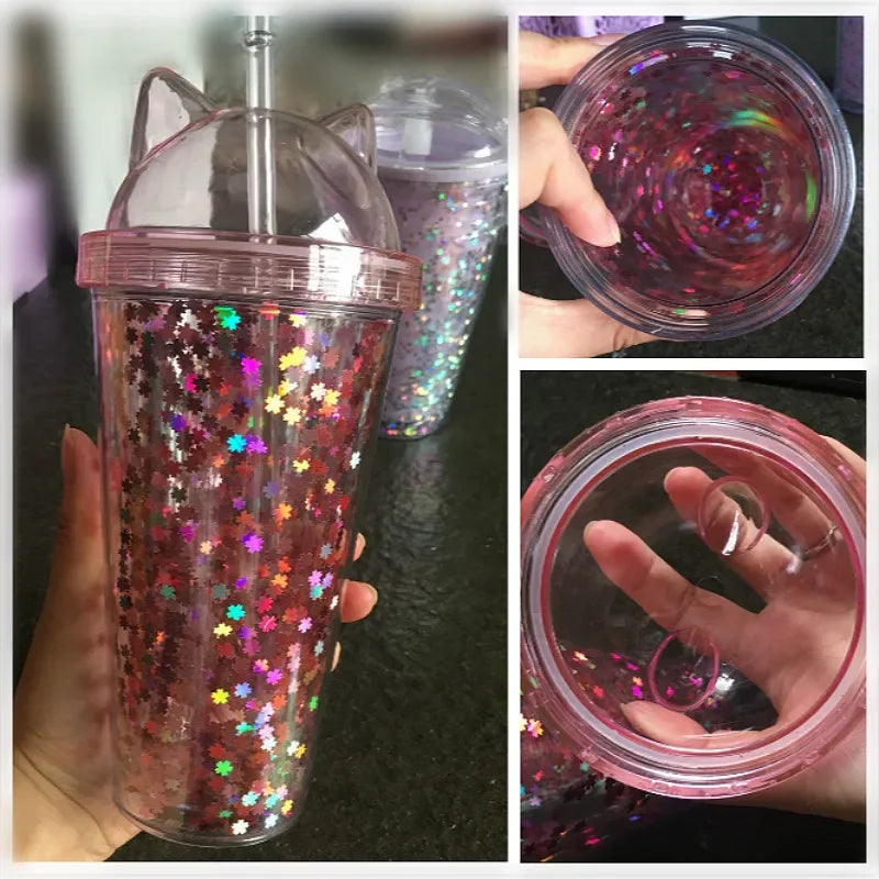 Cat Ear Water Bottle for Girls with Sequins