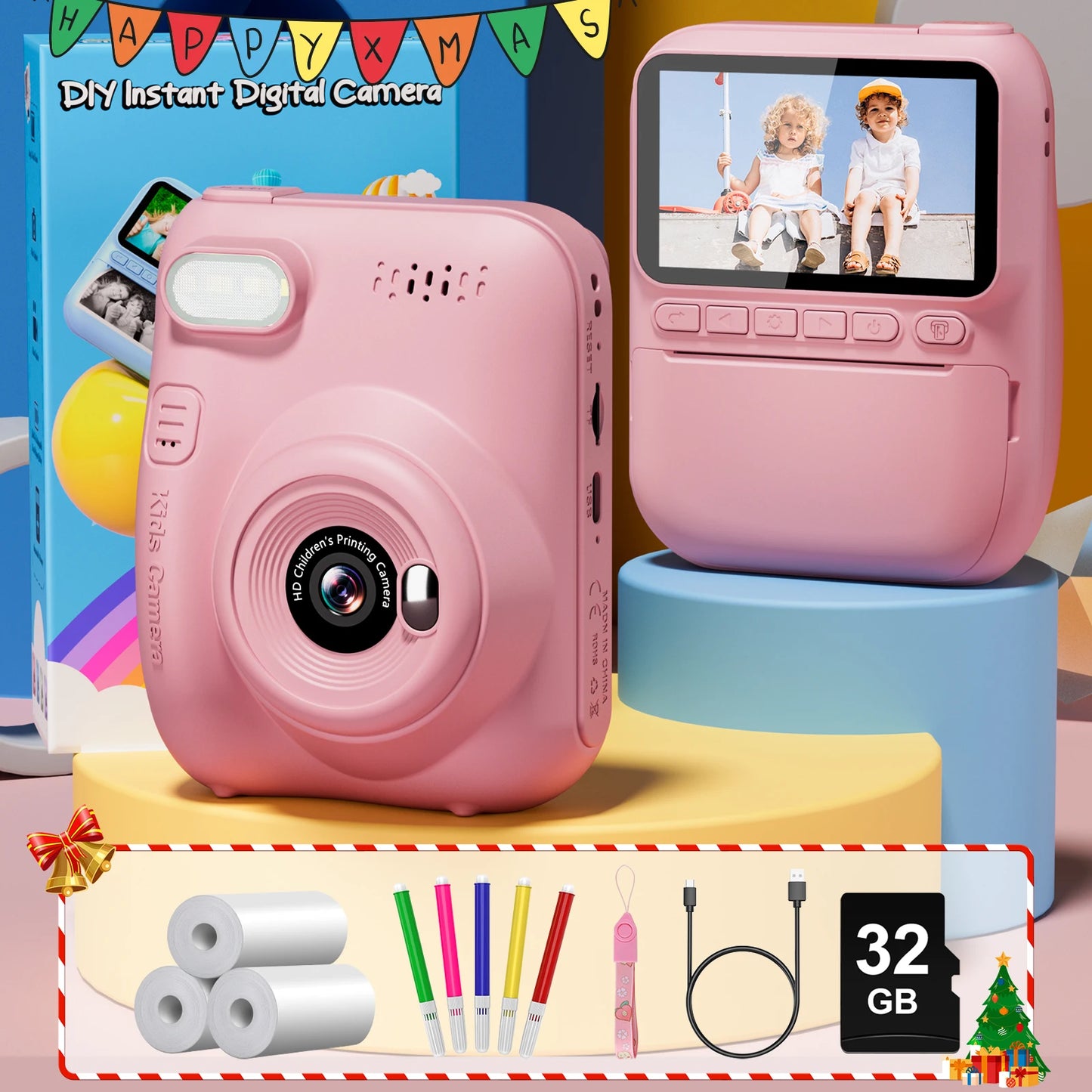 Instant Print Camera for Kids, 3.0" Kids Camera for 6-12 Year, 32MP HD 1080P Digital Camera with 3 Rolls of Printer Paper