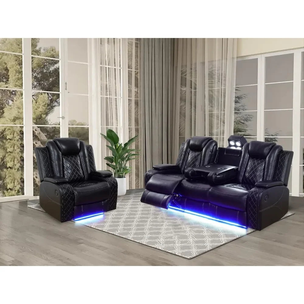 Recliner Sofa Set with LED Lights,Leather Living Room Furniture Set with USB Port/Storage Console/Cup Holders,Reclining Sofa Set