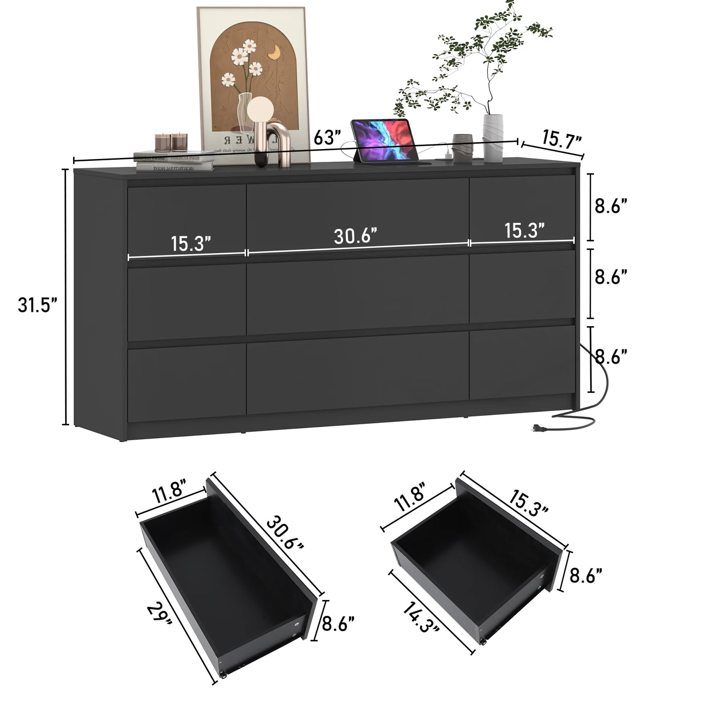 9 Drawer Dresser for Bedroom with Charging Station,