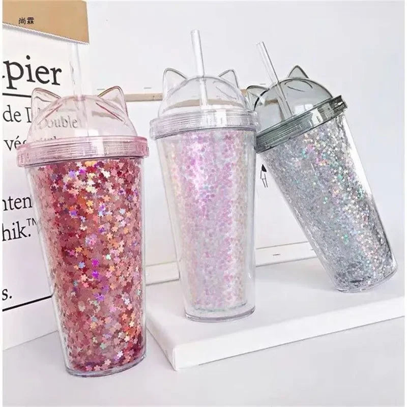 Cat Ear Water Bottle for Girls with Sequins