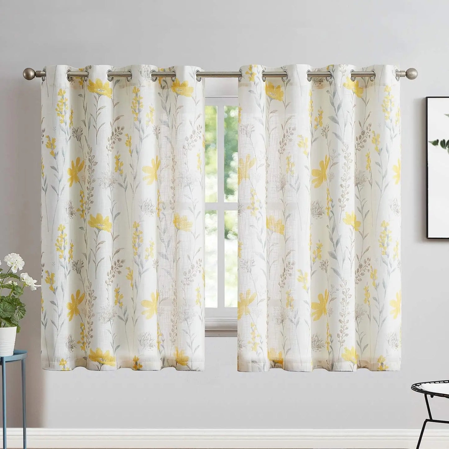 Printed Sheer Curtains Linen Textured for Living Room