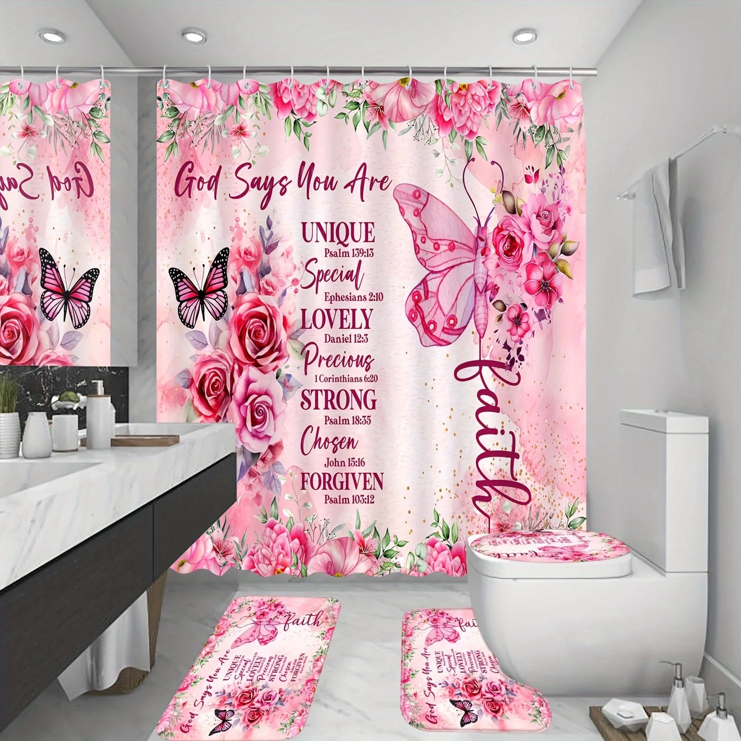 Pink Floral Butterflies Shower Curtain Set -