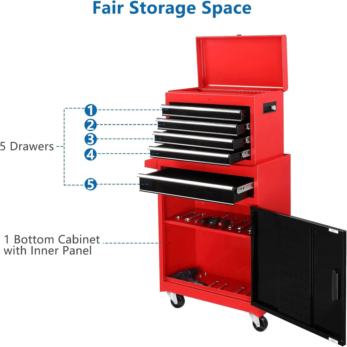 5-Drawer Rolling Tool Chest Storage Cabinet w/Drawers, Wheels, Detachable Top & Adjustable Shelf, Mechanic Tool Organizer Box fo