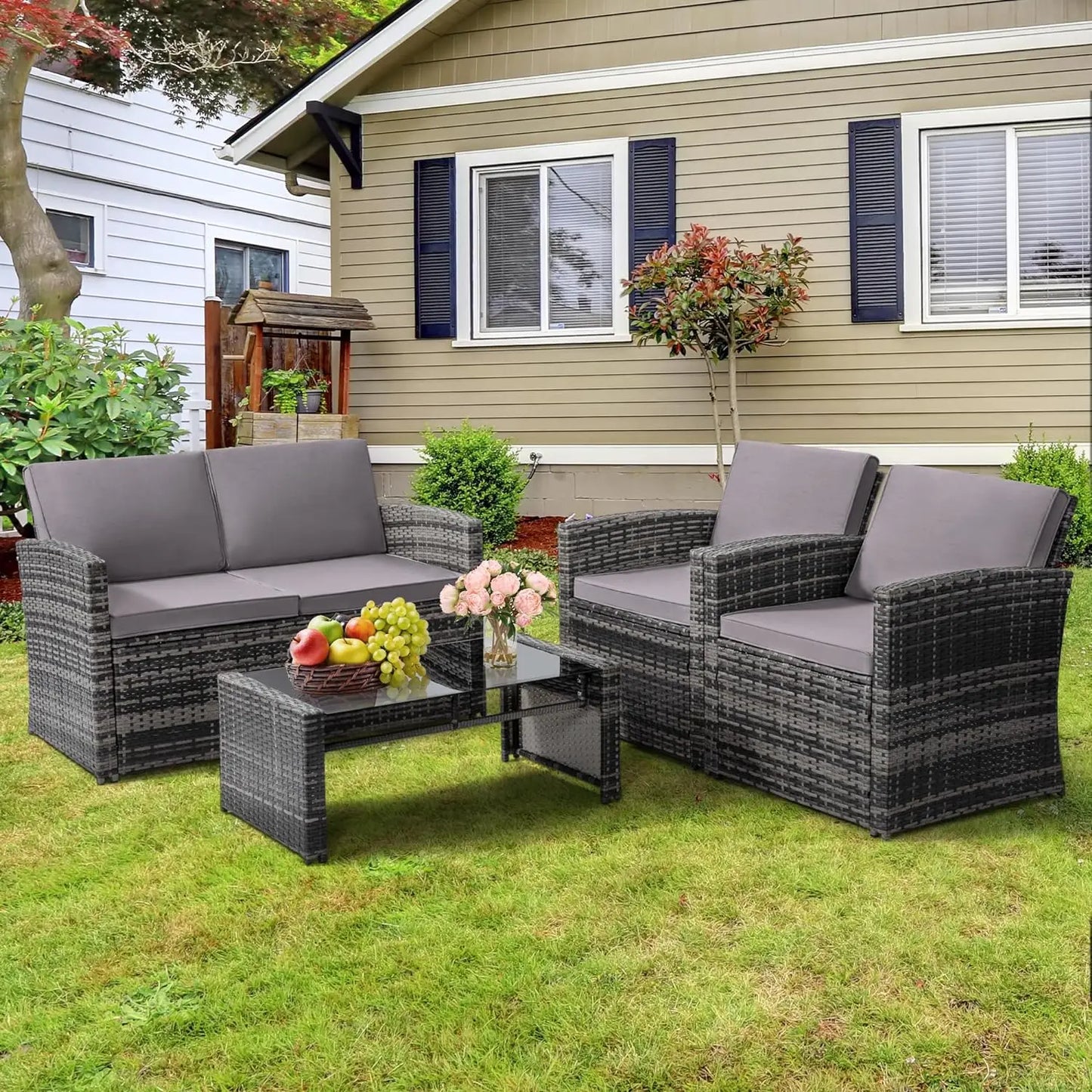 Outside Rattan Sectional Sofa Cushioned Furniture Set