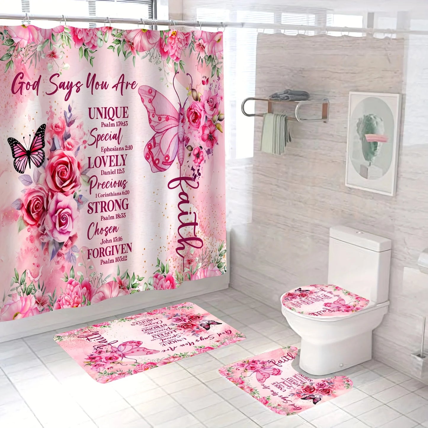 Pink Floral Butterflies Shower Curtain Set -