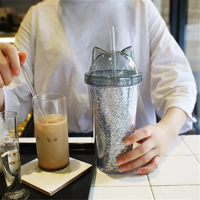 Cat Ear Water Bottle for Girls with Sequins