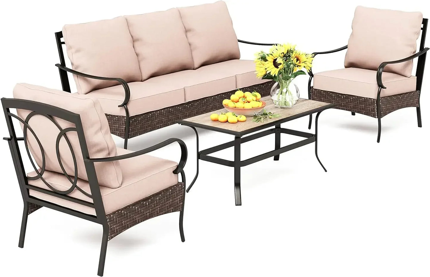 6 Pieces Outdoor Patio Furniture Set with Fire Pit Table,