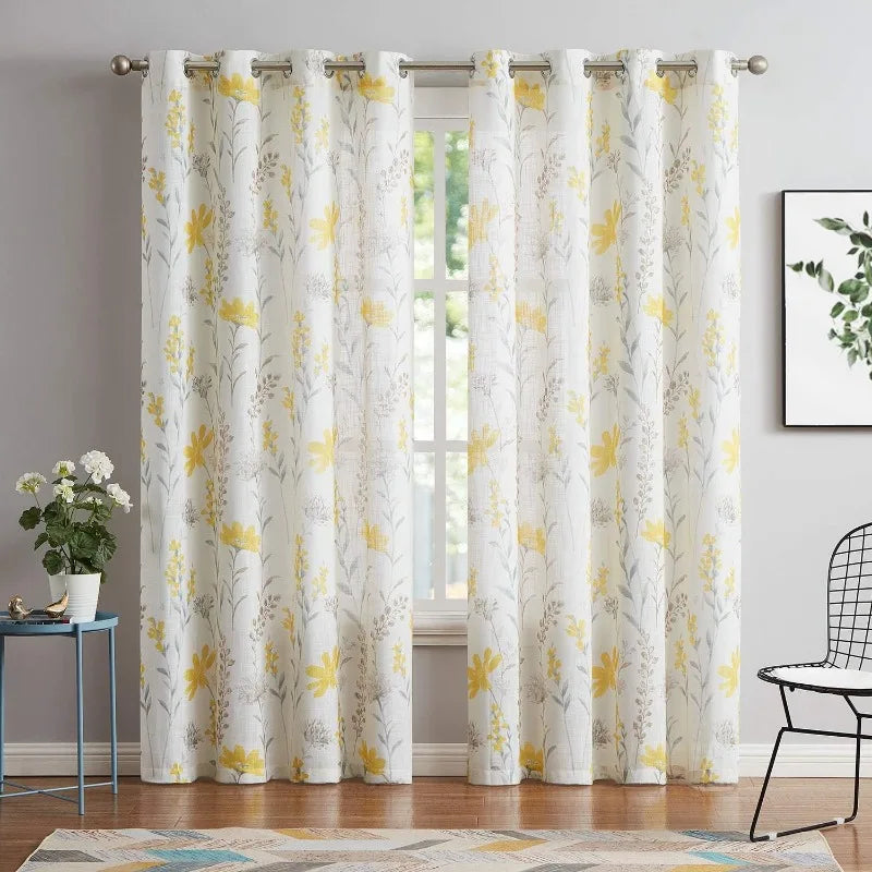 Printed Sheer Curtains Linen Textured for Living Room