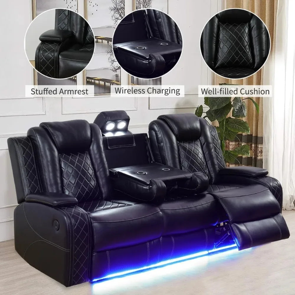 Recliner Sofa Set with LED Lights,Leather Living Room Furniture Set with USB Port/Storage Console/Cup Holders,Reclining Sofa Set